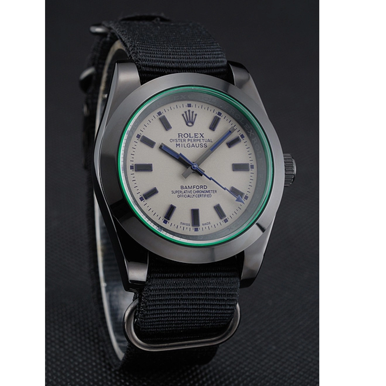 Aaa fake watches 622000 Bamford Strap Nylon Milgauss Rolex Black 0629
